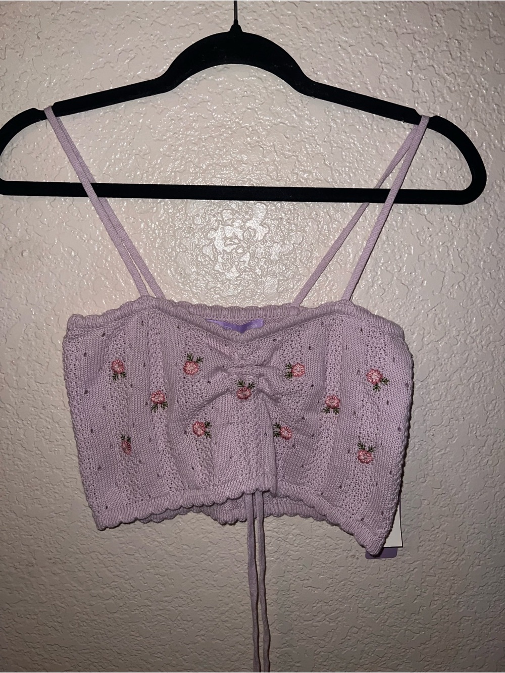 NWT Lavender Floral Embroidered Knit Tie-Front Crop Top